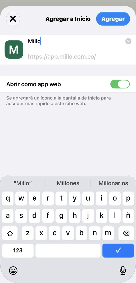 Pantalla Agregar a Inicio con Abrir como app web activado y el botón Agregar