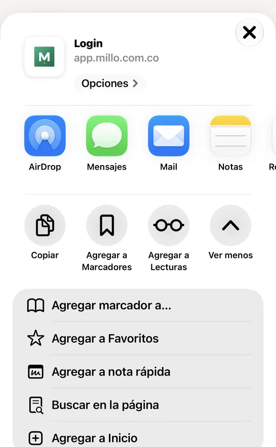 Lista de opciones con Agregar a Inicio